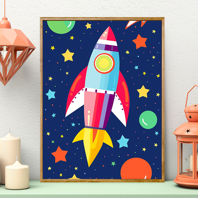 卡通火箭 DIY数字油画手绘涂鸦丙烯画儿童简单手工礼物客厅装饰画