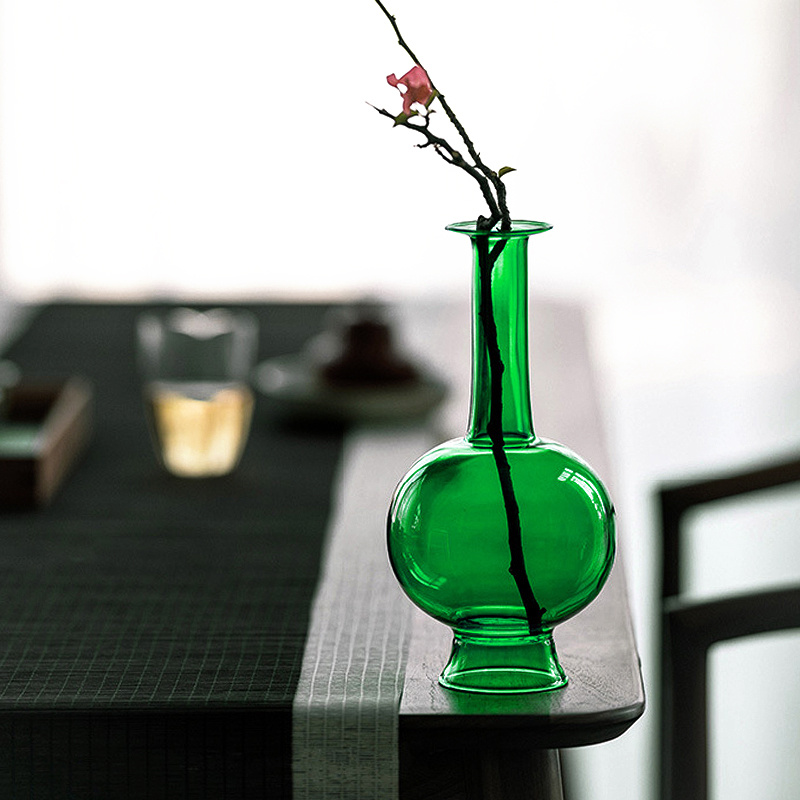 中式意境装饰品摆件小口单枝花艺插花长颈玻璃花器仿宋瓶净瓶梅瓶