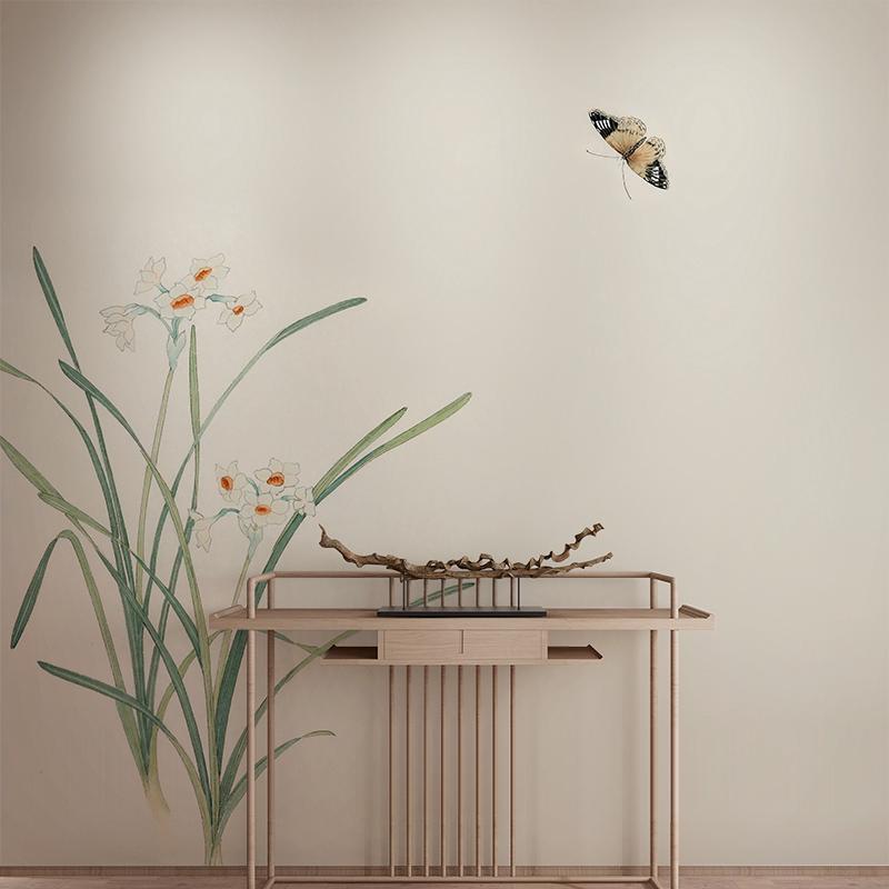 现代中式水仙蝴蝶意境装饰壁纸客厅电视背景墙纸玄关茶室定制壁画