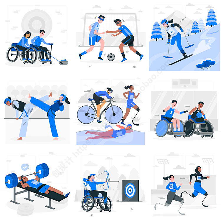 扁平化残疾人运动插画 卡通运动员比赛场景 AI格式矢量设计素材