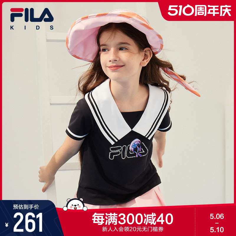 FILA斐乐童装儿童短袖衫2023年夏季新款女大童时尚海军领洋气T恤