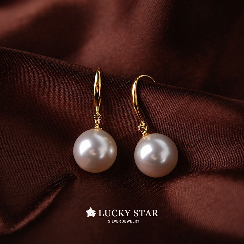 LUCKY STAR经典百搭款12mm大颗珍珠耳钩澳白光简约大气纯银耳环女