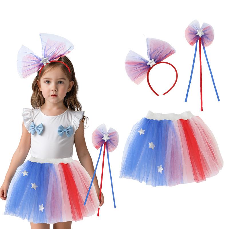 紫琳跨境 独立日派对儿童蓬蓬裙发箍3件套演出服红白蓝派对网纱裙