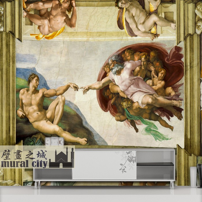 创世纪油画墙纸西斯廷教堂创造亚当壁纸上帝之手文艺复兴壁画背景