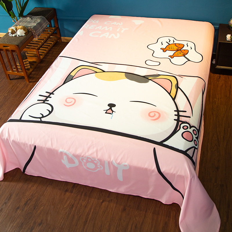 卡通粉色猫咪儿童床单学生宿舍男女孩1.2米被单双人1.5网红床品2m