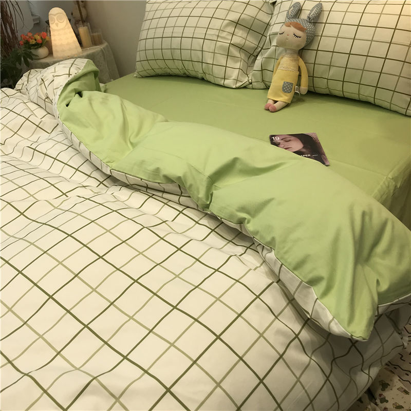简约小格子款淡绿色悉尼床上四件套学生宿舍单双人床单被套三件套