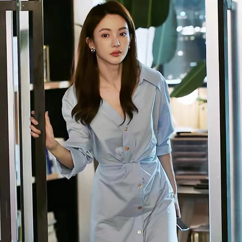 金晨江月同款韩版收腰显瘦休闲蓝色连衣裙2023年春夏设计感衬衫裙