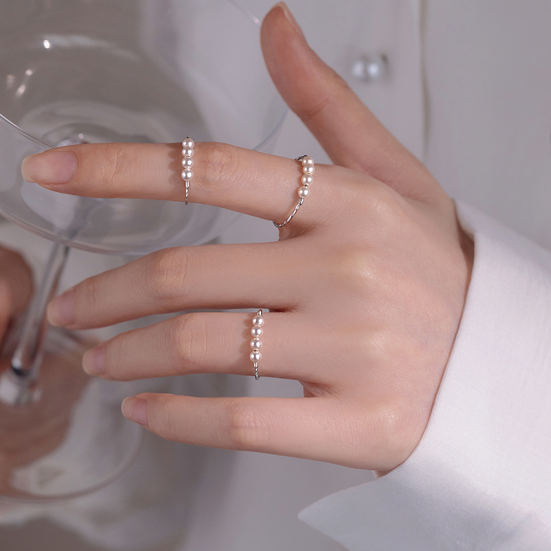 【巷南】925纯银珍珠戒指素圈女食指戒指环夏小众设计感开口尾戒