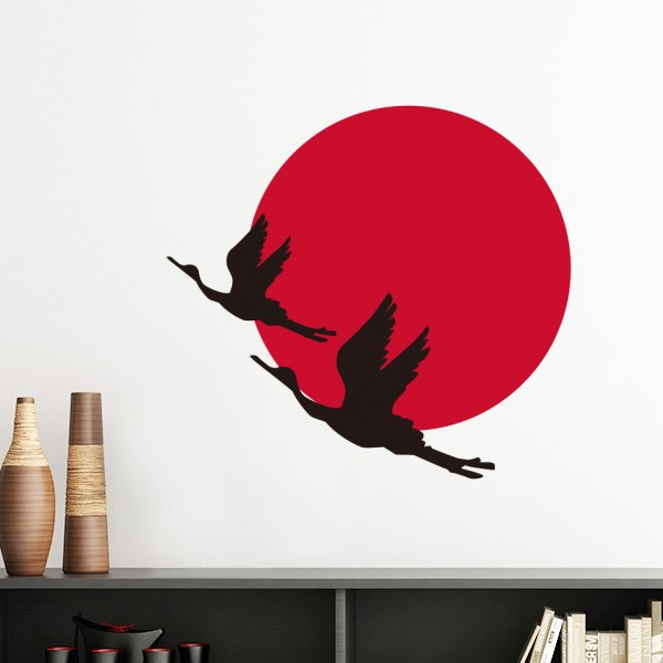 日本文化红黑和风飞翔仙鹤墙贴壁纸房间贴花