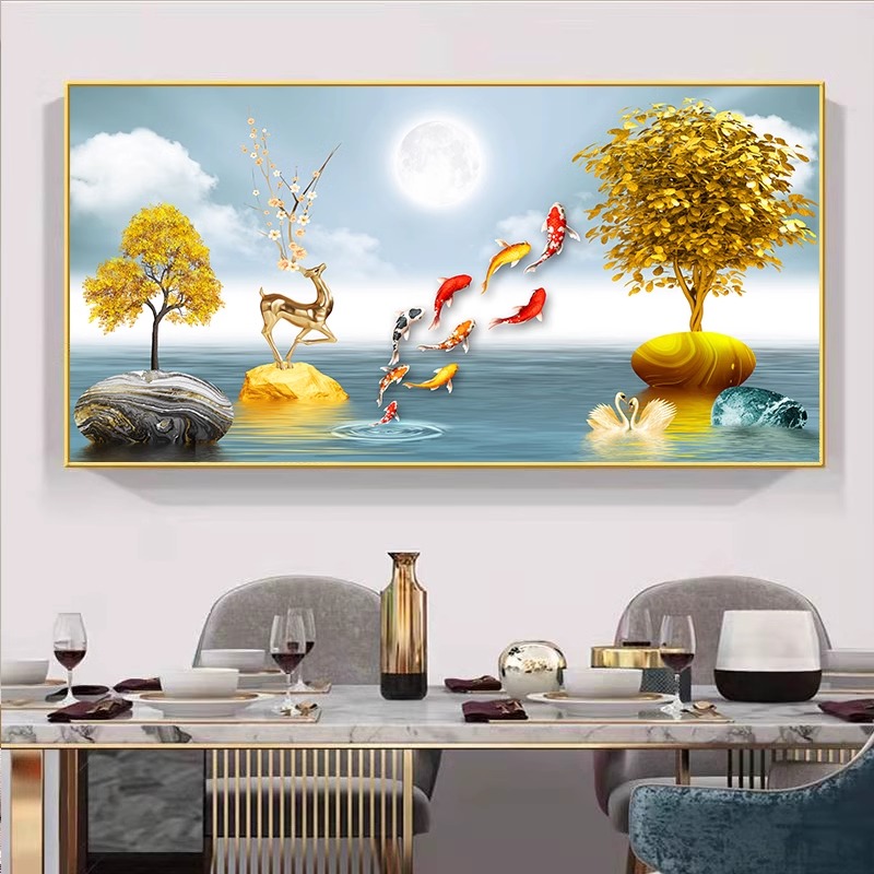 招财九鱼图餐厅装饰画吃饭厅新中式歺厅高档挂画餐桌背景墙面壁画