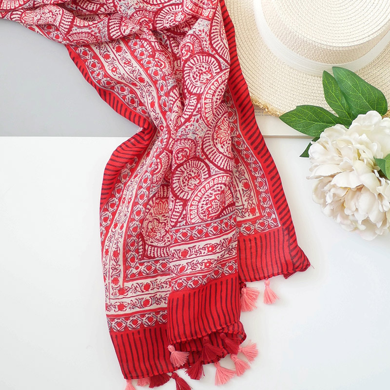 抱着一个落日 复古红棉麻围巾女 民族风春夏丝巾海边旅游拍照披肩