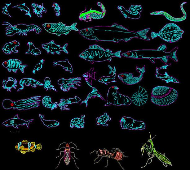 卡通漫画CAD模块图库鱼蟋蟀蜜蜂乌龟螳螂乌贼动物昆虫海洋生物