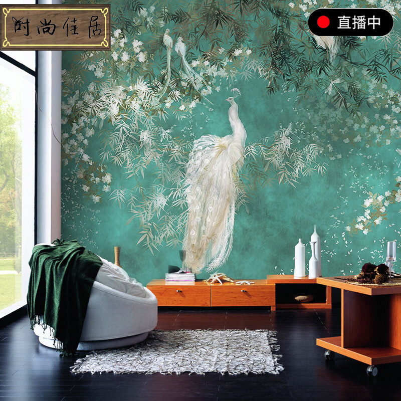 北欧手绘树枝白色孔雀壁纸抽象客厅沙发电视背景墙纸美式植物壁画
