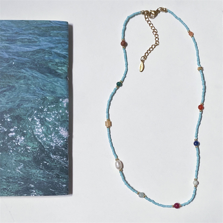 天然石珍珠项链拼接蓝绿色串珠女中式复古小众设计高级串珠锁骨链