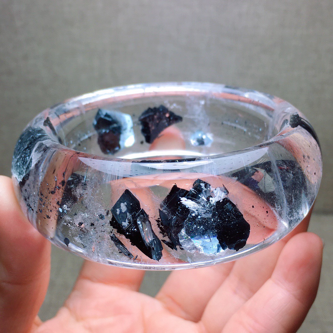 天然水晶手镯 黑云母稀有矿石 蓝铁矿石手镯超宽版58圈口一物一图