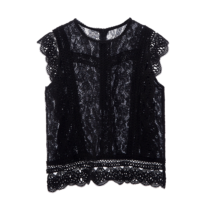 香港黑色蕾丝衫女上衣2023w夏季新款时尚波浪边无袖镂空洋气小衫