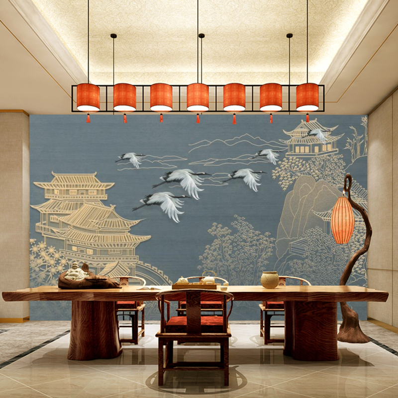 新中式古建筑电视背景墙纸客厅沙发仙鹤影视墙布8d迎客松壁画壁纸