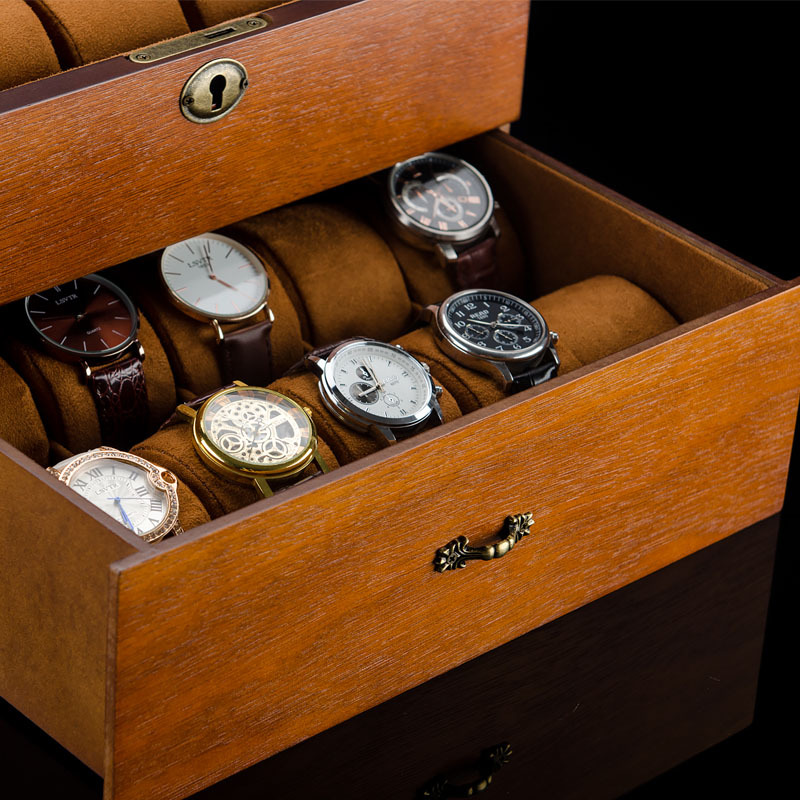 木质水曲柳双层带锁手表盒手串手镯腕表机械表首饰收藏整理展示箱