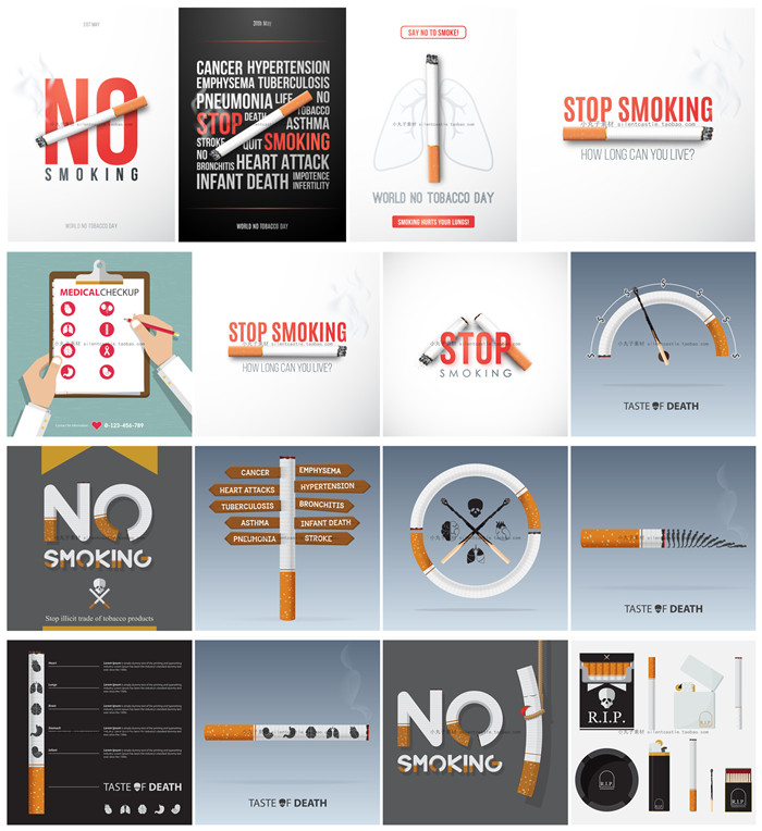 A0638矢量AI设计素材 戒烟禁烟宣传英文海报插画扁平化信息图