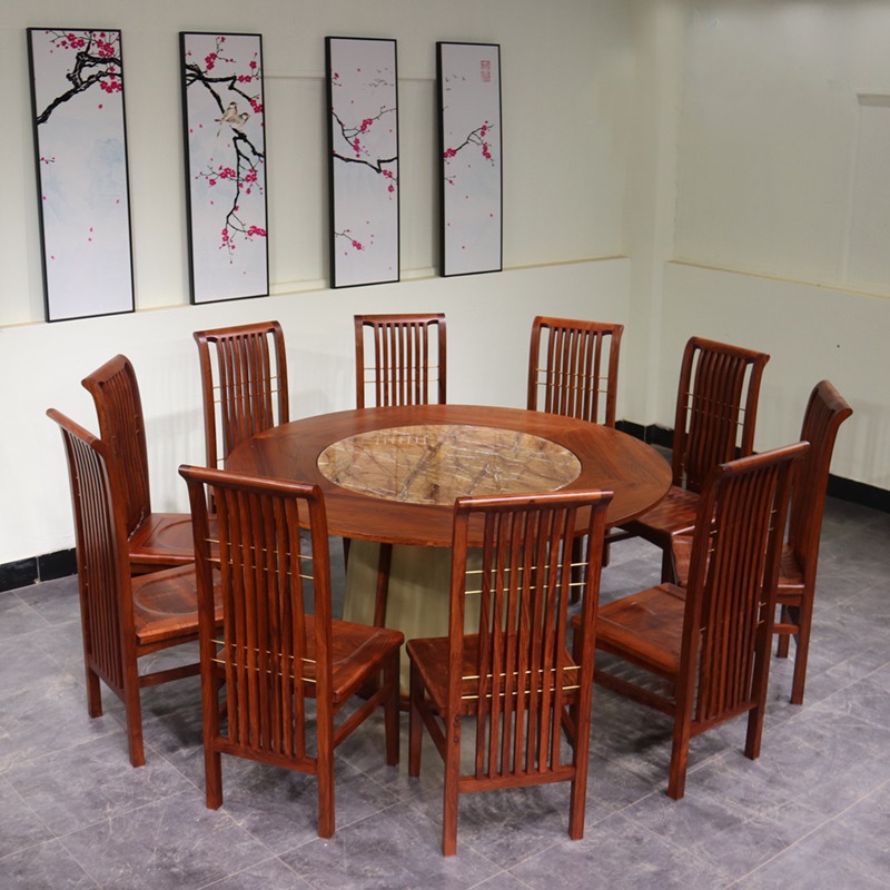 新中式红木月梨餐桌椅实木刺猬紫檀圆形餐桌家具花梨木餐台铜皮桌