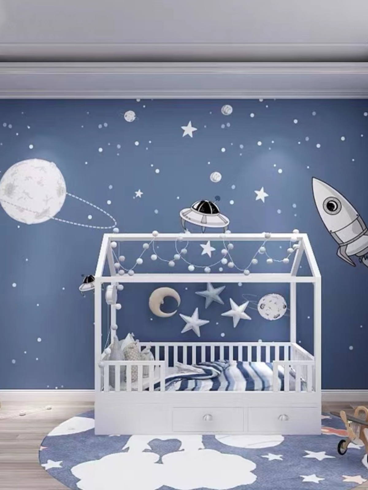 卧室壁布浅蓝色卡通宇宙星空墙纸男孩儿童房床头墙布装饰定制壁画