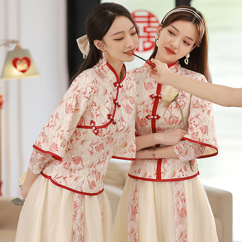 中式伴娘服2024新款复古中国风大码婚礼姐妹裙伴娘团礼服裙女春季