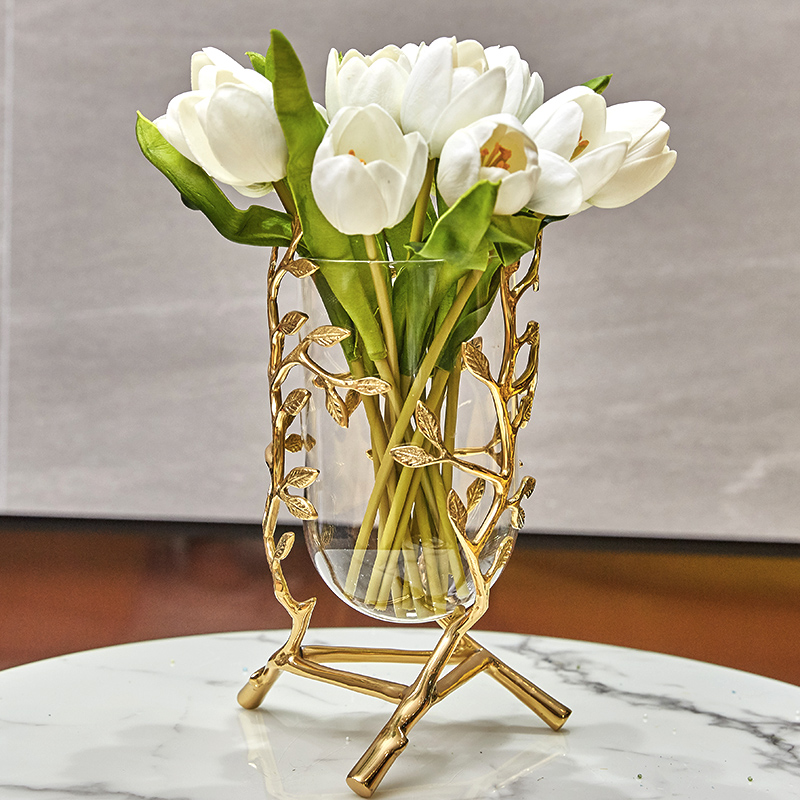 美式轻奢华纯铜玻璃花瓶家居饰品样板房客厅餐桌电视柜插花瓶摆件