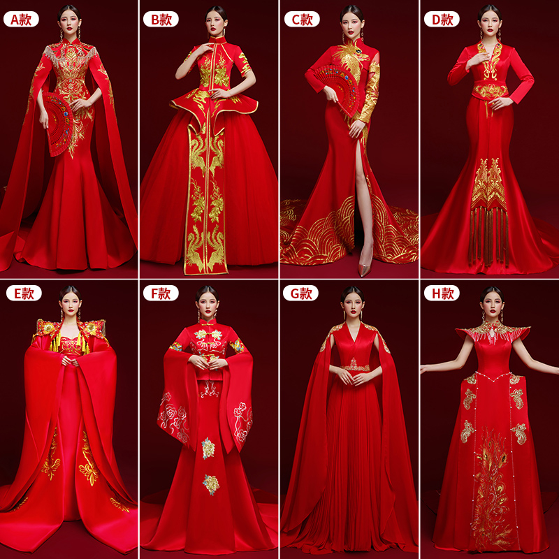 中国风模特夸张大气旗袍走秀高端演出服红色舞台主持人礼服女气质