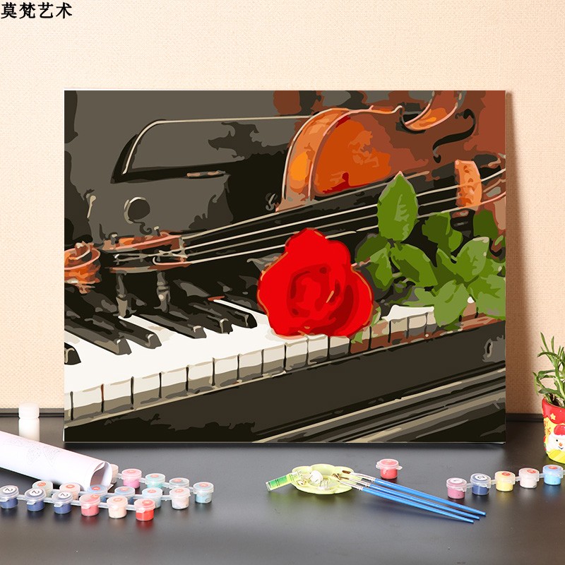 数字油画diy填充手工红玫瑰和钢琴小提琴填画色装饰涂色油彩画画
