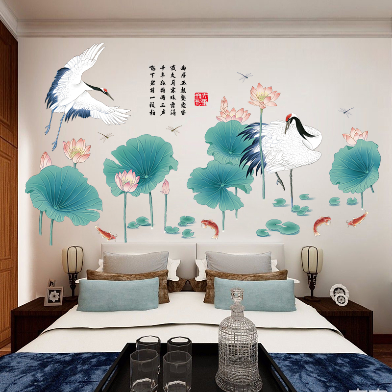 温馨中国风格墙贴自粘防水贴花壁纸仙鹤荷花装饰客厅电视背景墙贴