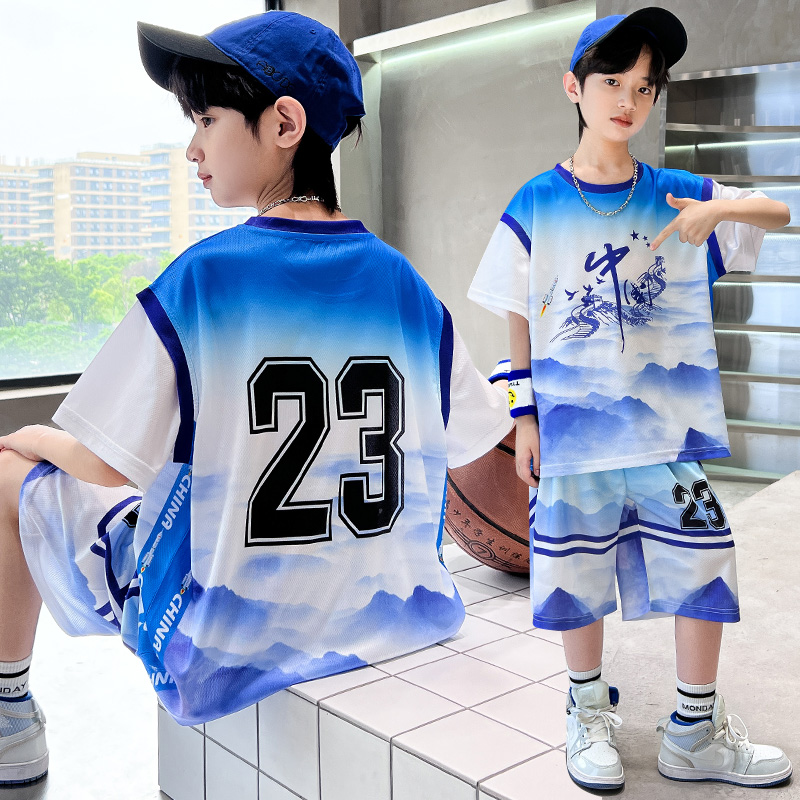 男童夏装球服套装洋气儿童夏季篮球服中大童运动短袖速干衣中国风