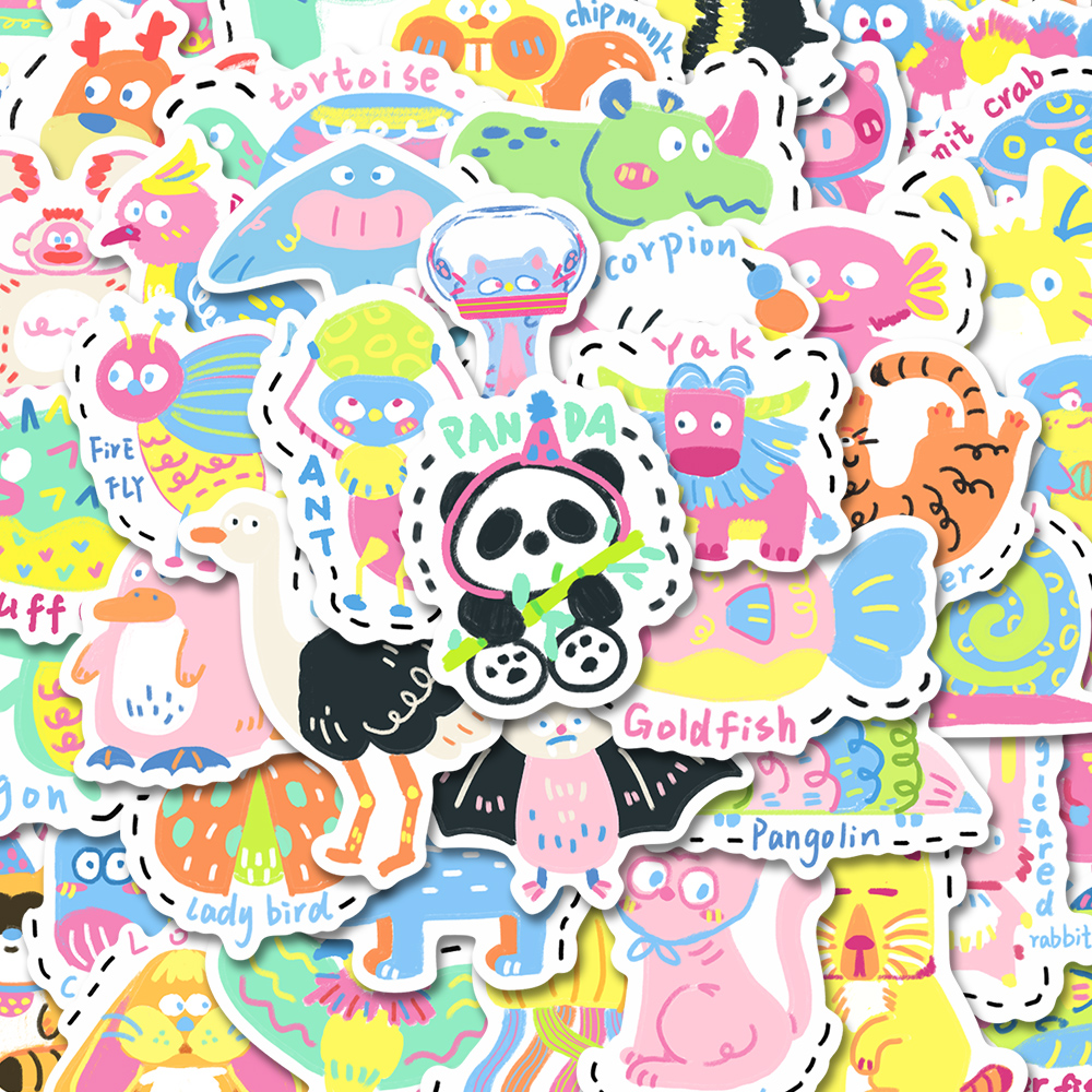 100张多巴胺小动物卡通可爱手账贴纸创意个性炫彩小动物素材贴画