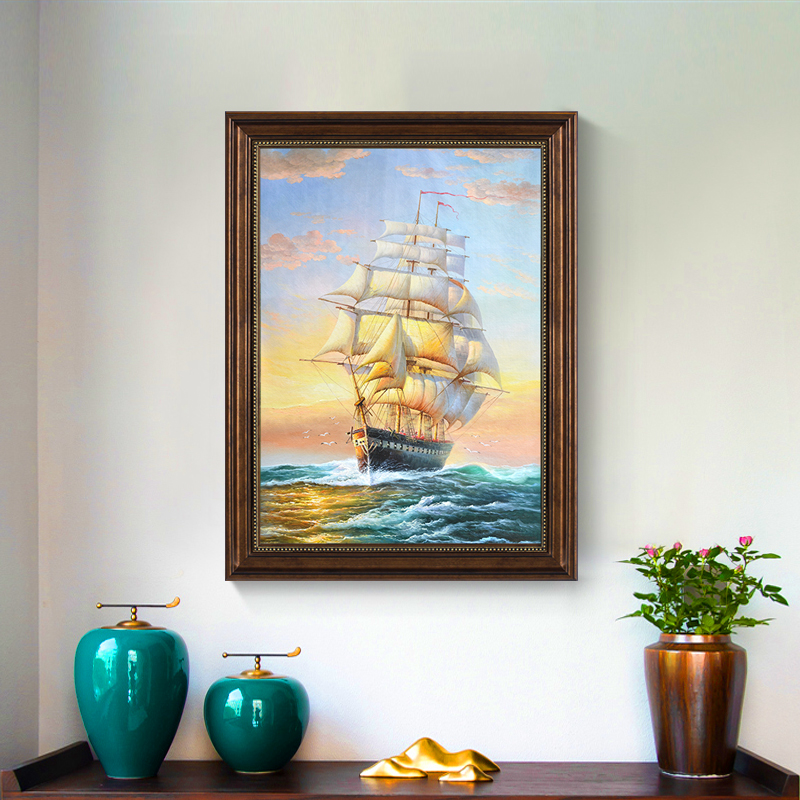 一帆风顺客厅装饰画大海帆船风景挂画走廊过道玄关竖版壁画仿油画