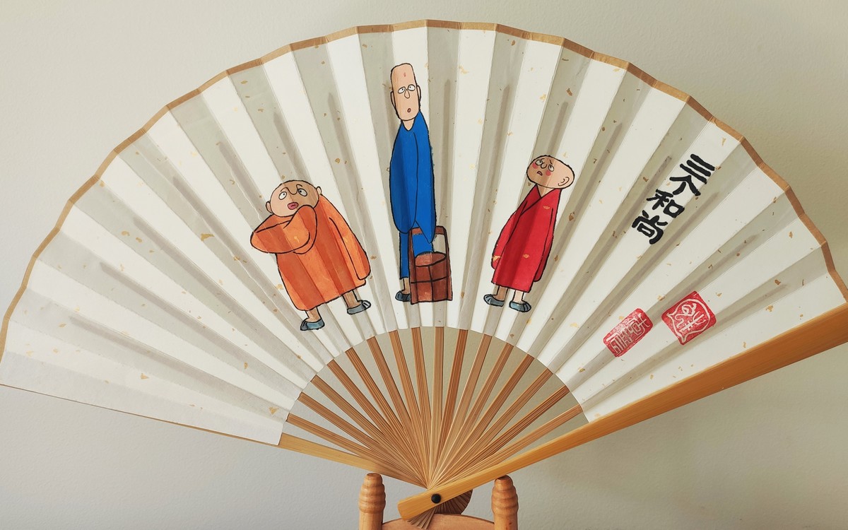 手绘折扇三个和尚中国风竹扇子童年怀旧动漫卡通趣味创意个性礼物