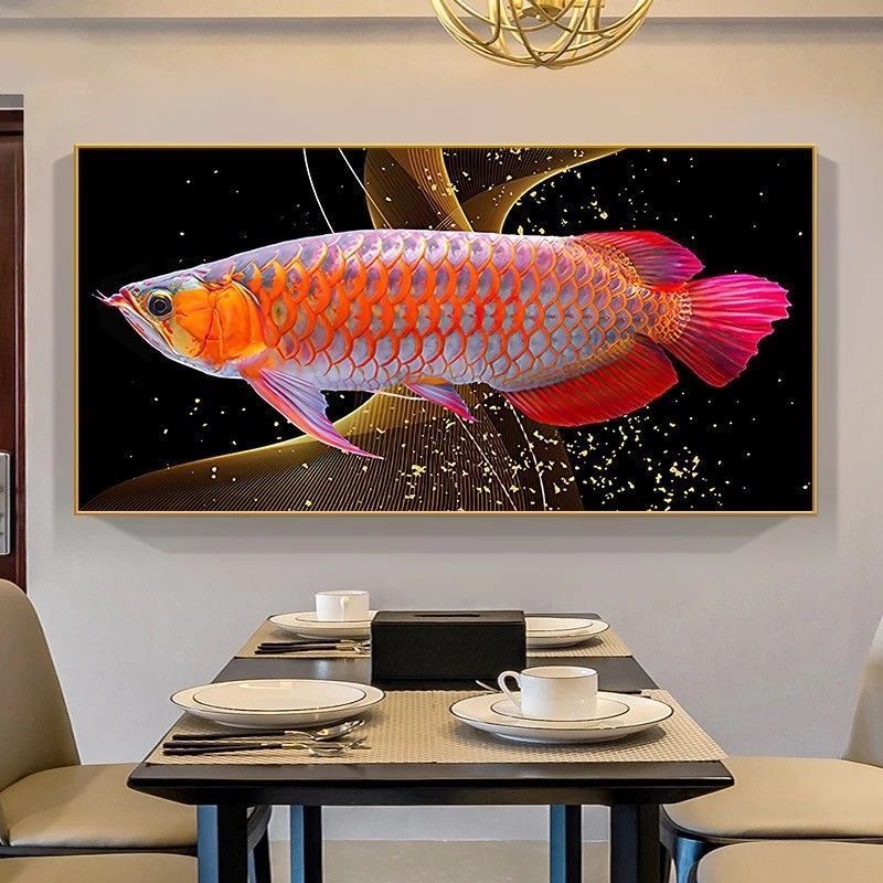 招财金龙鱼餐厅装饰画新中式餐桌单幅挂画饭厅背景墙画有框晶瓷画