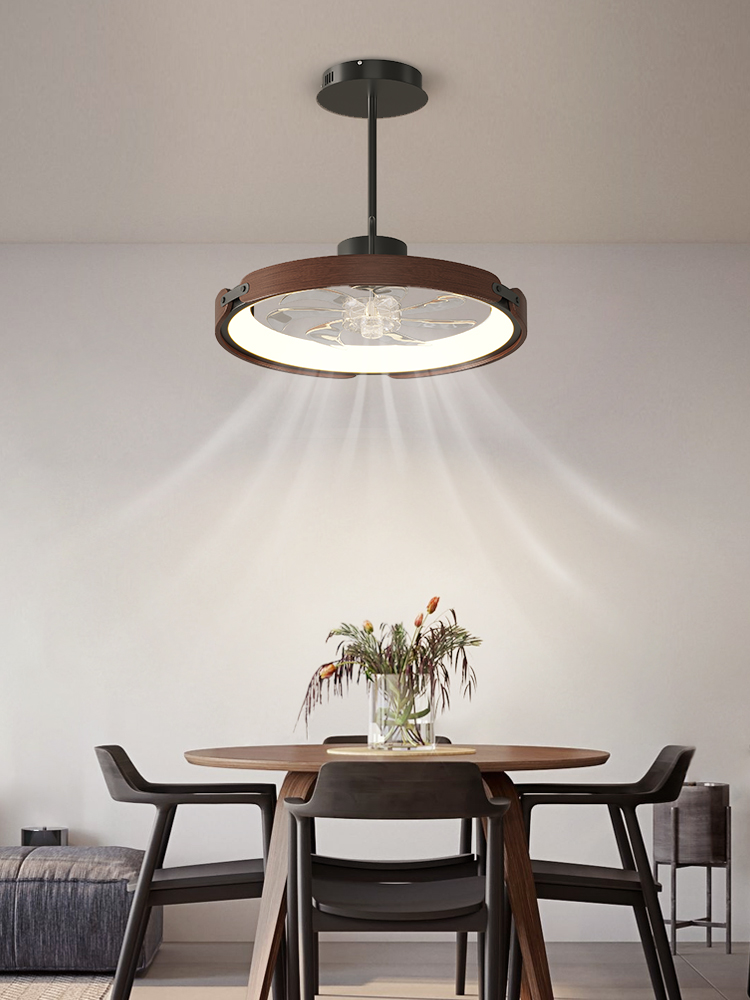 欧普智能新中式实木餐厅隐形风扇吊灯简约家用卧室一体摇头电风扇