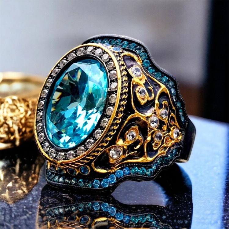 Baroque㊣海外代购 手作迷人仿古巴洛克风格海蓝宝石纯银镀金戒指