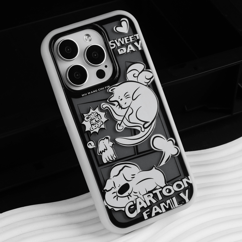 悟望初品 丘比特猫咪与狗二合一双层手机壳黑白黑白拆边插画可爱简约原创设计适用苹果13iPhone15ProMax14pro