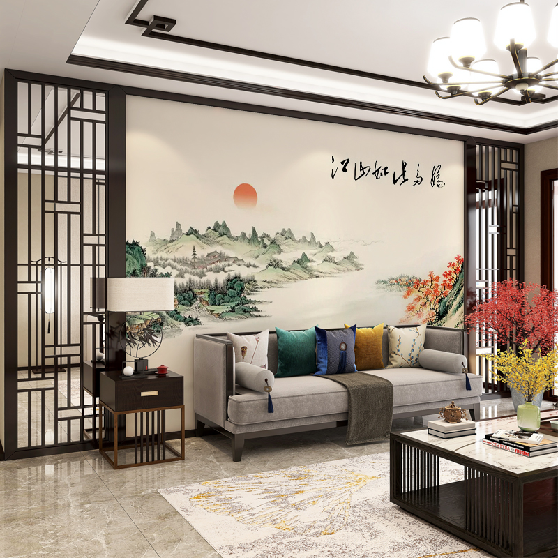 新中式壁纸江山如此多娇国画客厅山水壁画沙发背景墙卧室环保墙布