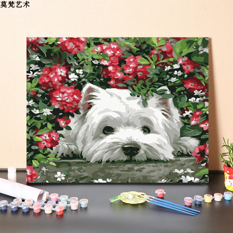 数字油画diy手工填充花丛中可爱的小白狗犬手绘涂色丙烯油彩画画