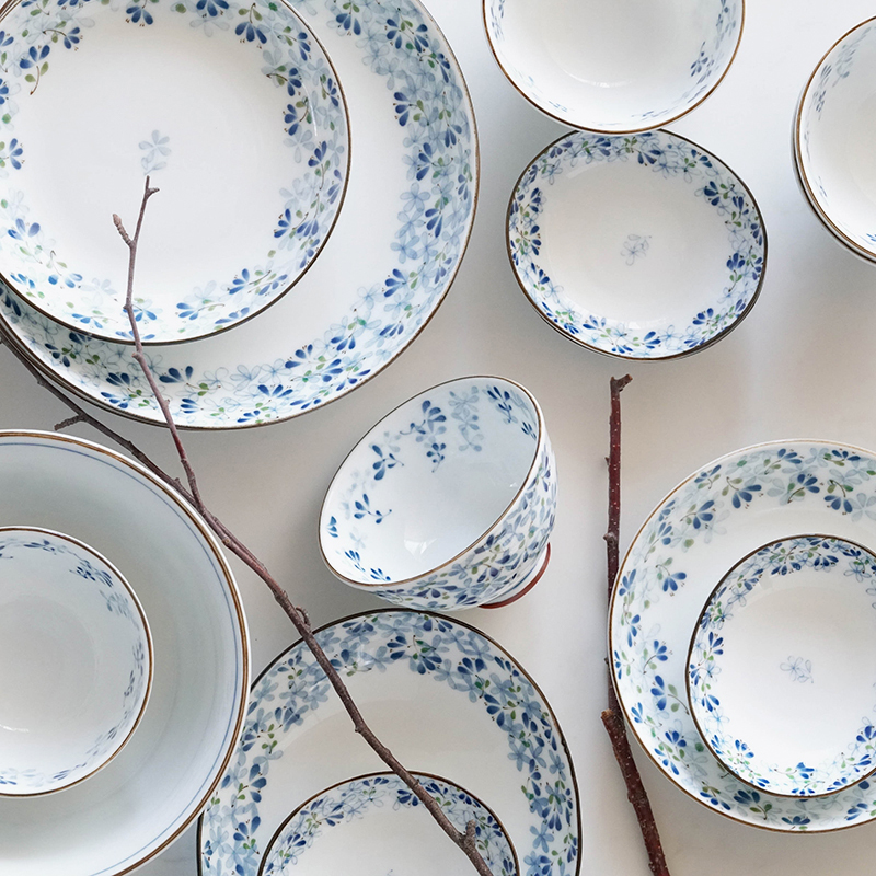 蓝莲花家居小蓝芽餐具一人食碟日本进口高轻量强化瓷釉下彩碗面碗
