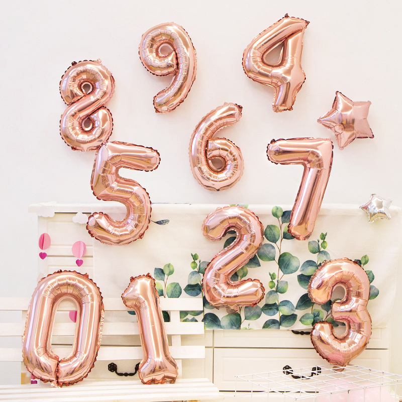 16寸玫瑰金数字铝膜气球装饰儿童宝宝周岁生日派对背景墙场景布置