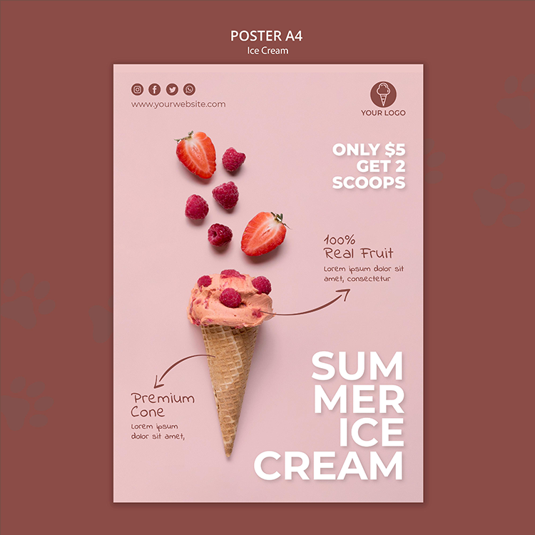 国外冰淇淋海报蓝莓草莓坚果巧克力雪糕海报宣传单PSD设计素材