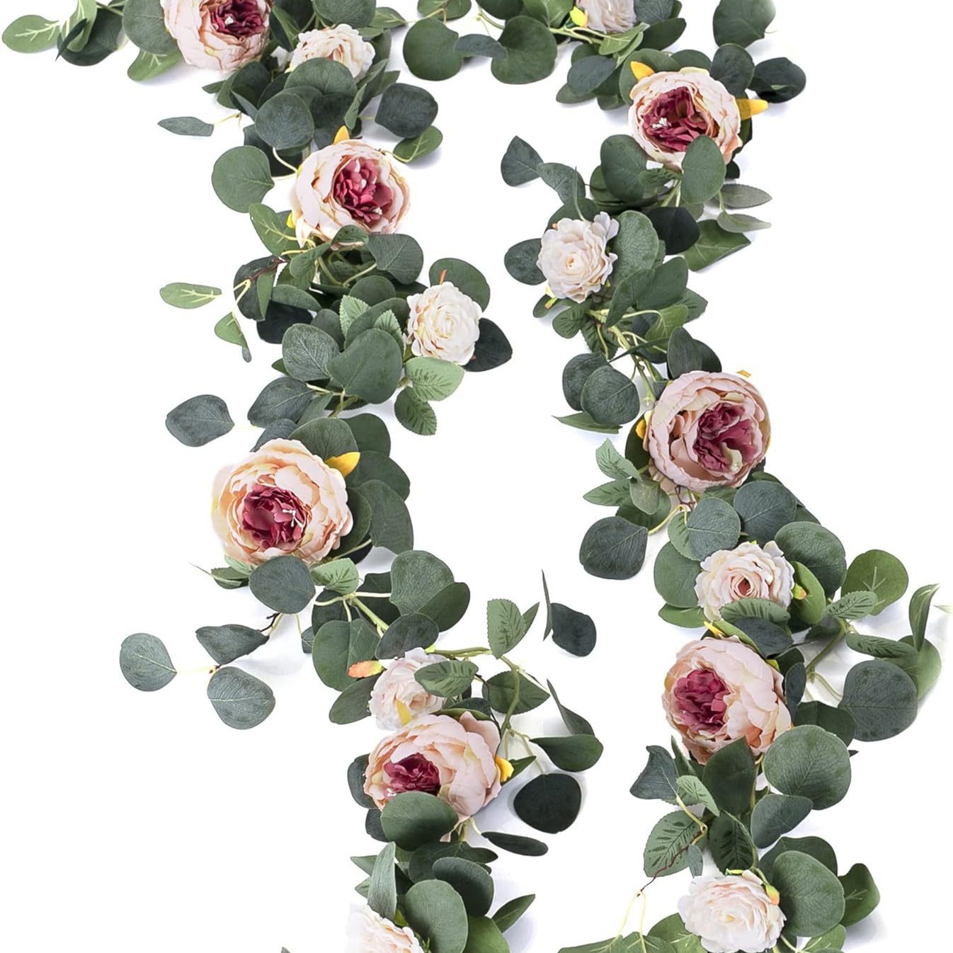 仿真金钱叶桉树花环绢布牡丹玫瑰花长藤条婚礼拱形桌墙壁背景装饰
