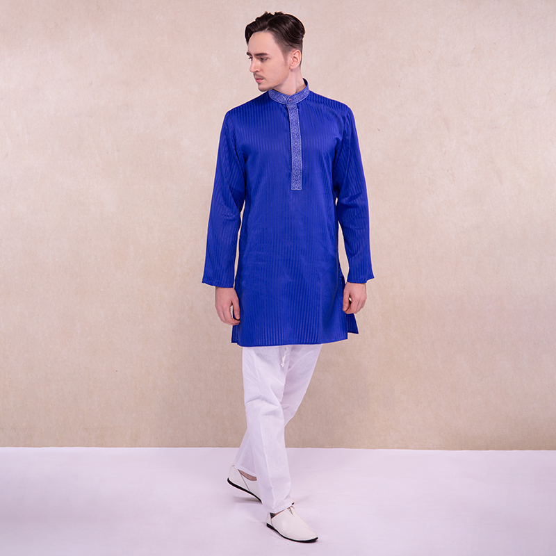 印度进口传统男装套装民族风纯棉透气服饰宝蓝中长款薄款宽松长袖
