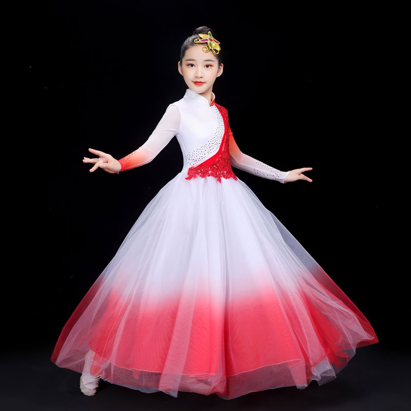 儿童开场舞大摆裙女灯火里的中国舞蹈演出服万疆现代歌伴舞合唱服