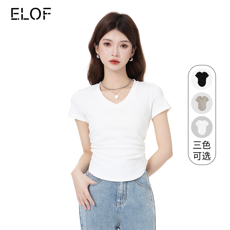 ELOF弧形下摆白色短袖T恤女夏季V领上衣甜辣显瘦黑色正肩打底内搭