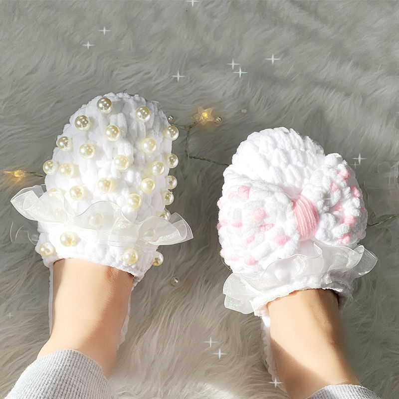 新款DIY泡芙花拖鞋手工制作冰条毛线珍珠编织棉线材料包送女朋友