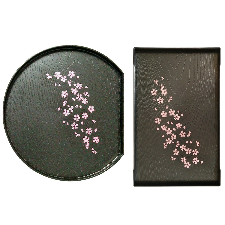 日本进口日式樱花纹托盘长方形圆形塑料仿木纹茶盘茶杯盘果盘黑色