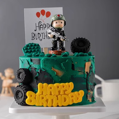 男孩生日士兵迷彩积木卡通创意6 8寸网红仿真蛋糕模型样品可定制